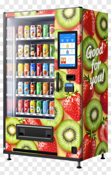 Vending Machine With Fruit Design And Beverages PNG