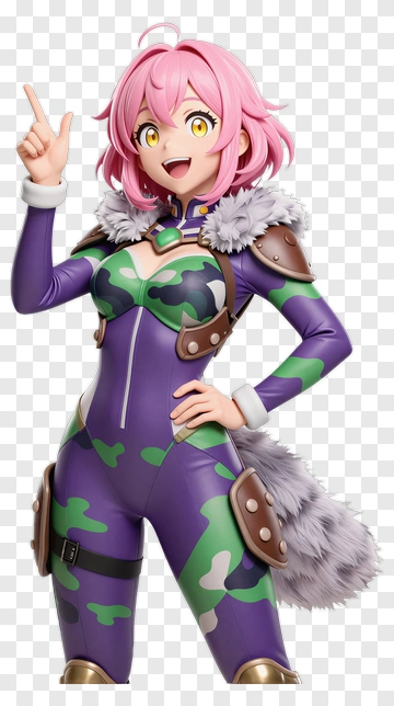 3D Character With Pink Hair And Camouflage Outfit PNG
