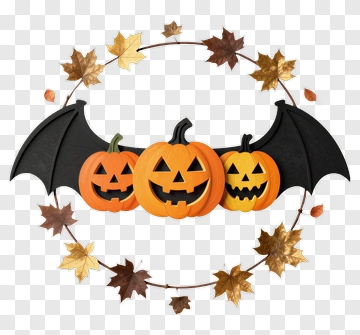 Halloween Pumpkins With Bat Wings And Leaves PNG
