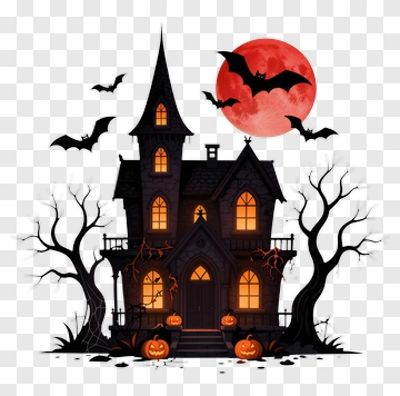 Haunted House With Pumpkins And Bats PNG