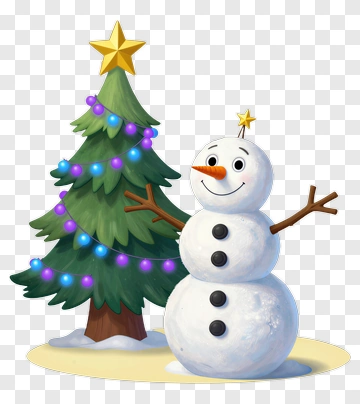 Cartoon Snowman Standing Next To A Decorated Christmas Tree PNG