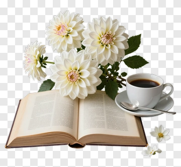 Open Book With White Flowers And Coffee Cup PNG