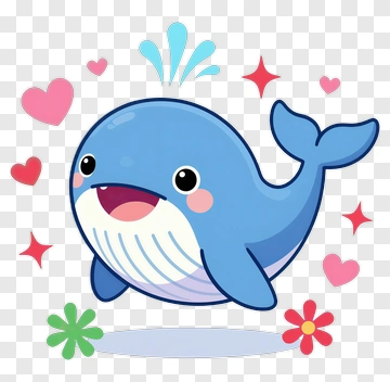 Cartoon Whale With Hearts And Flowers PNG
