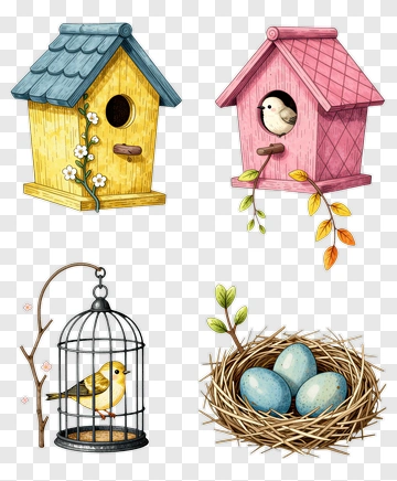 Colorful Birdhouses And Nest With Eggs PNG