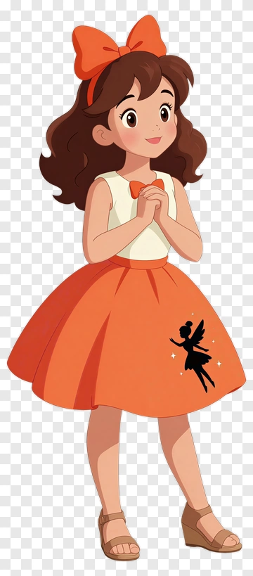 Cartoon Girl In Orange Skirt With Fairy Design PNG