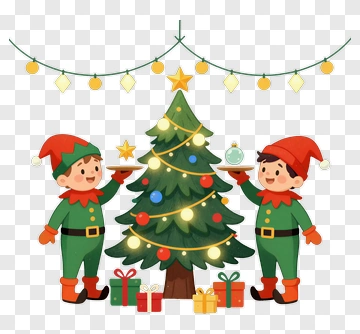 Cartoon Elves Decorating A Christmas Tree PNG