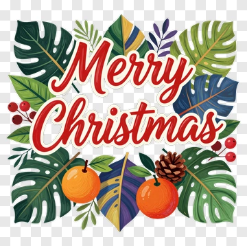 Merry Christmas With Tropical Leaves And Oranges PNG