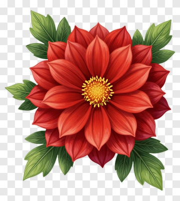 Red Flower With Green Leaves PNG