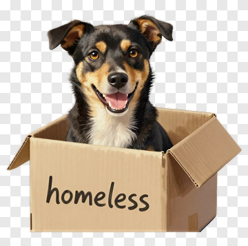 Smiling Dog In A Box With Homeless Text PNG
