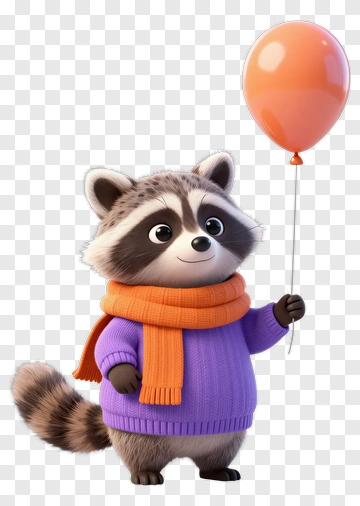 Cartoon Raccoon Holding An Orange Balloon PNG