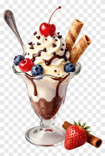 Ice Cream Sundae With Cherry And Strawberries PNG