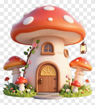 3D Mushroom House With Colorful Fungi PNG
