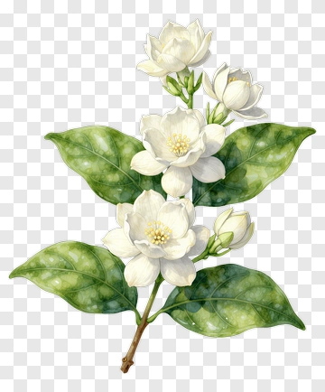 White Flower Branch With Green Leaves PNG