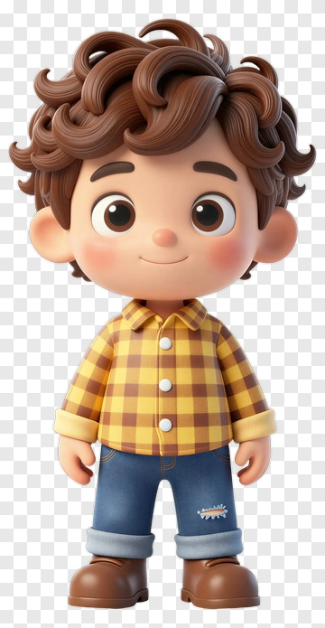3D Boy With Curly Hair Wearing A Yellow Checkered Shirt PNG