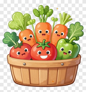 Cartoon Vegetable Basket With Happy Faces PNG