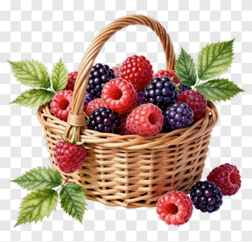 Bamboo Basket Filled With Raspberries And Blackberries PNG