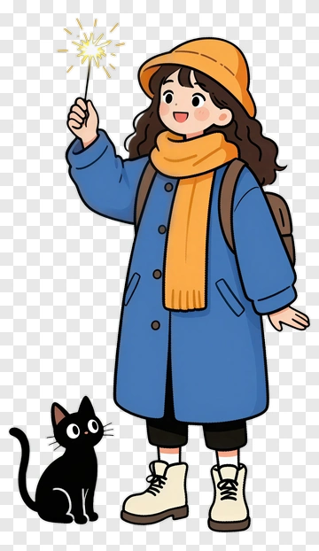 Girl Holding A Sparkler With A Black Cat PNG