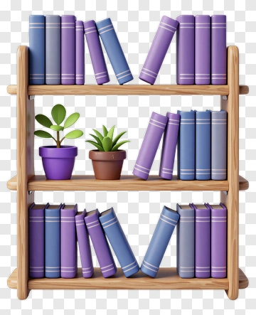 Bookshelf With Colorful Books And Plants PNG