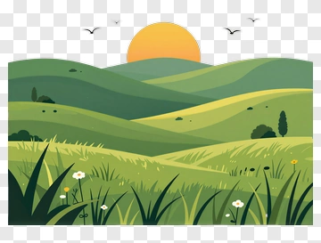 Scenic Green Hills With Sun And Birds PNG