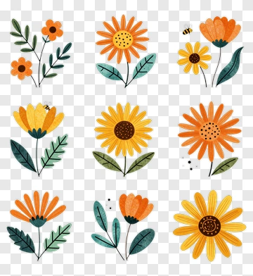Colorful Floral Collection With Sunflowers And Bees PNG