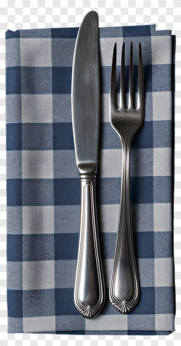 Silver Knife And Fork On Blue Checkered Napkin PNG