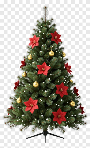 Christmas Tree Decorated With Red Flowers And Ornaments PNG