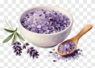Lavender Bath Salt In A Bowl With Wooden Spoon PNG