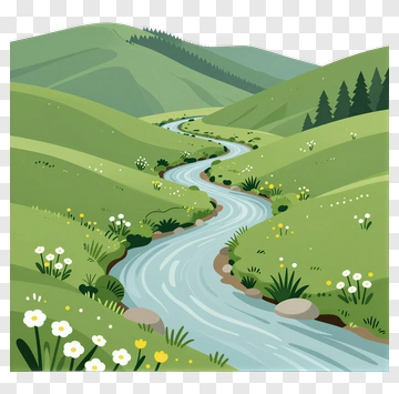Scenic River Flowing Through Green Hills PNG