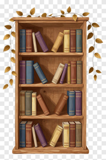 Wooden Bookshelf Filled With Colorful Books PNG