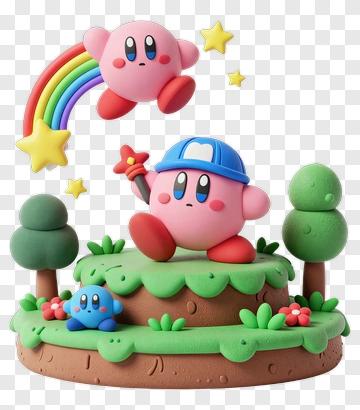 Kirby Holding A Star With Rainbow And Trees PNG