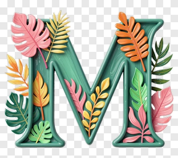 Colorful Letter M Decorated With Leaves PNG