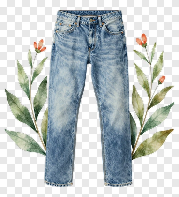 Blue Denim Jeans With Floral Decoration PNG