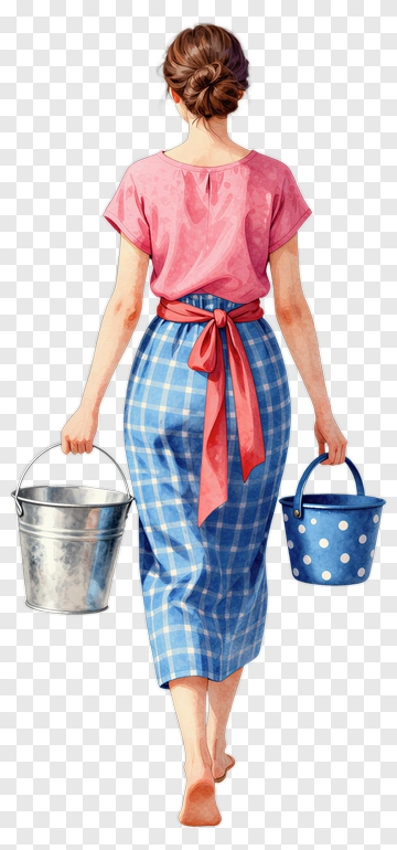 Woman Carrying Buckets In A Blue And Pink Outfit PNG