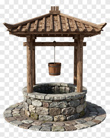 Stone Well With Wooden Roof And Bucket PNG