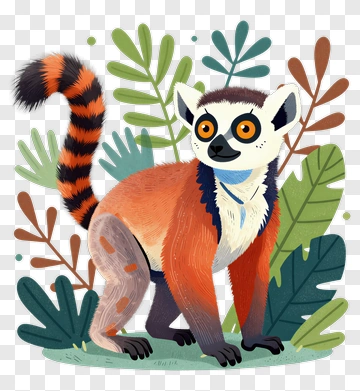 Cartoon Lemur Among Tropical Leaves PNG