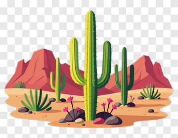 Desert Landscape With Cacti And Mountains PNG