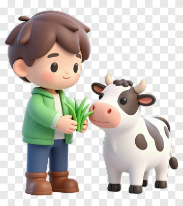 Cartoon Boy Feeding A Cow PNG
