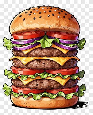 Cartoon Hamburger With Layers Of Meat And Vegetables PNG
