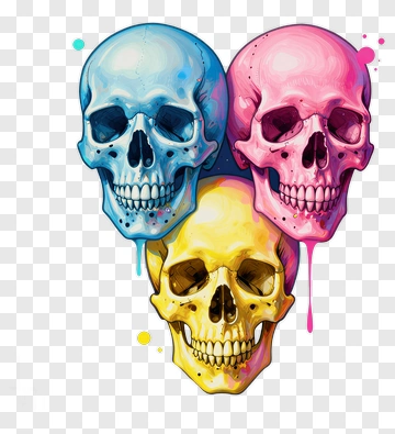 Colorful Skull Art With Blue, Pink, And Yellow Skulls PNG