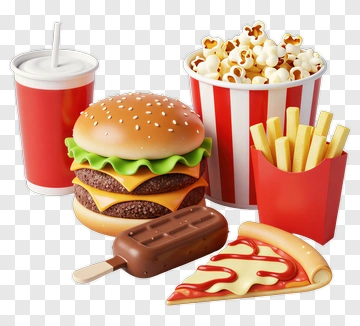 Fast Food Meal With Burger, Fries, And Popcorn PNG
