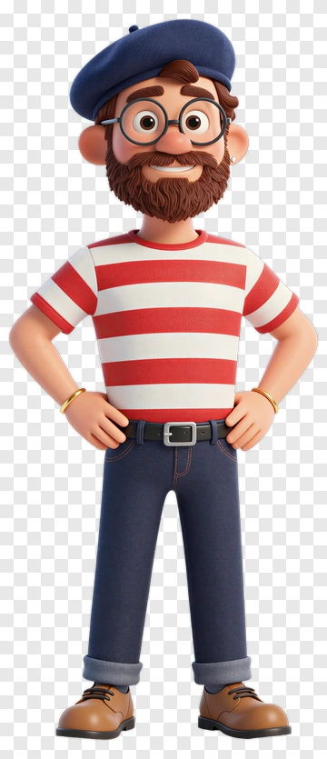3D Cartoon Man In Striped Shirt And Beret PNG