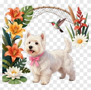 West Highland White Terrier Surrounded By Colorful Flowers PNG