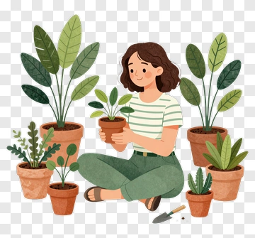 Woman Caring For Potted Plants PNG