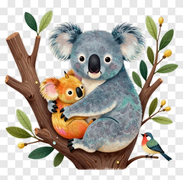 Cartoon Koala Holding A Baby Koala On A Tree Branch PNG