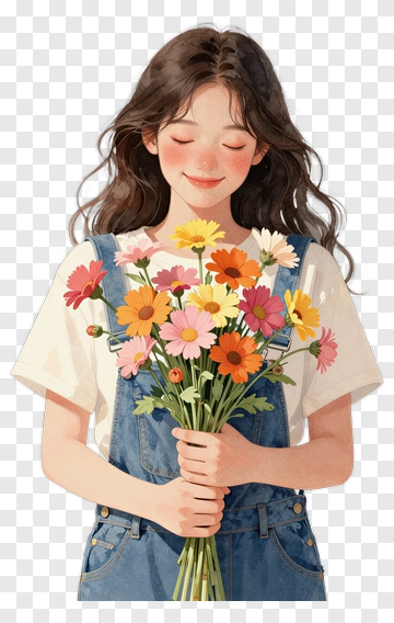 Happy Girl Holding A Bouquet Of Flowers PNG