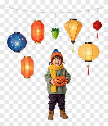 Child Holding A Halloween Pumpkin Surrounded By Lanterns PNG