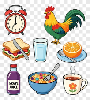 Breakfast Elements Including Rooster And Grape Juice PNG