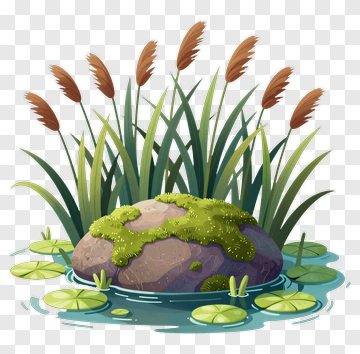 Rock Surrounded By Water Lilies And Grass PNG