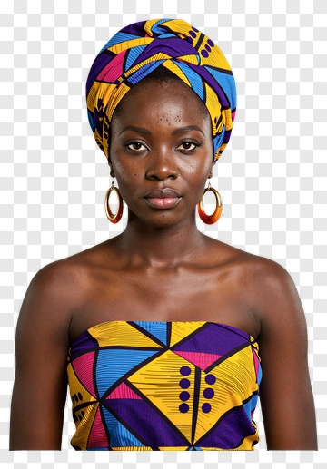 Woman In Colorful African Print Headwrap And Top PNG