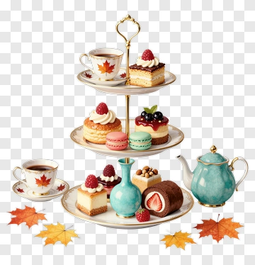 Tea Set With Pastries And Autumn Leaves PNG